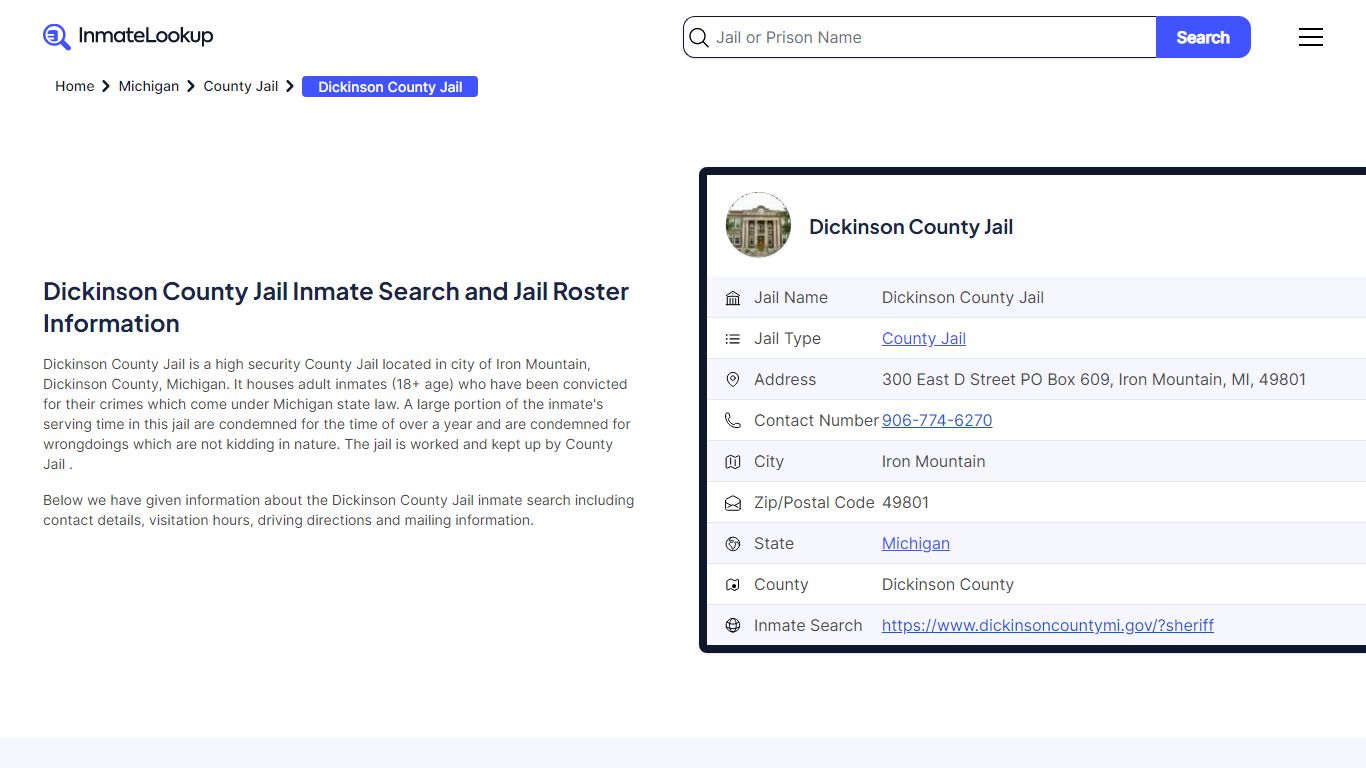 Dickinson County Jail Inmate Search and Jail Roster Information